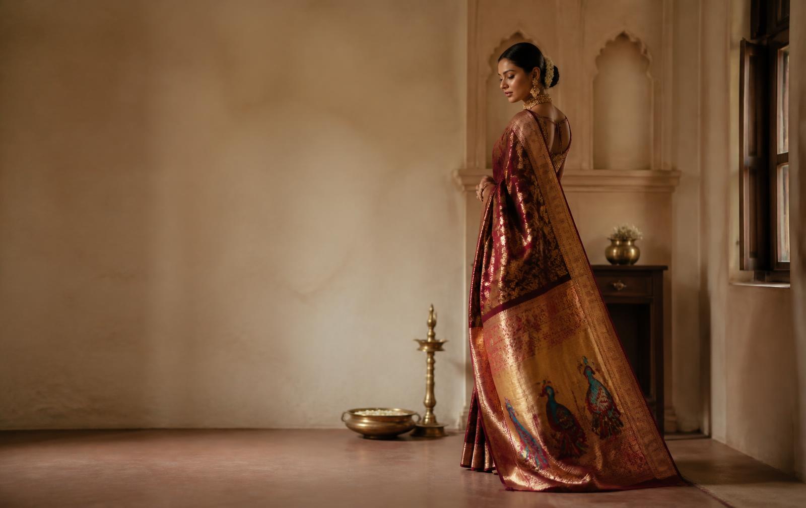 A woman draped in a maroon and gold Paithani silk saree